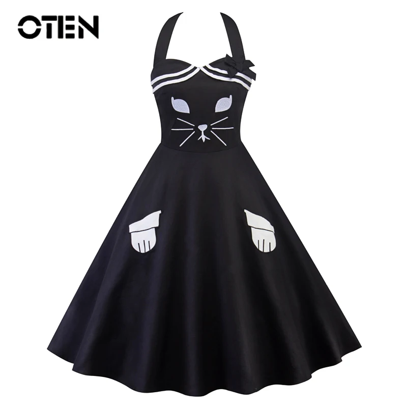 

OTEN New Arrival 2018 summer A-line Dresses solid color Cartoon Cat Embroidery Patchwork halter Zipper High Waisted party dress