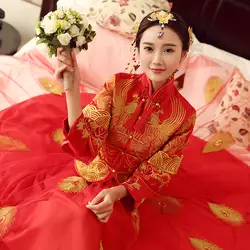 Модные современные китайские свадебное платье Qipao Китайский восточные платья Красный невесты атласный китайский женский халат длинные