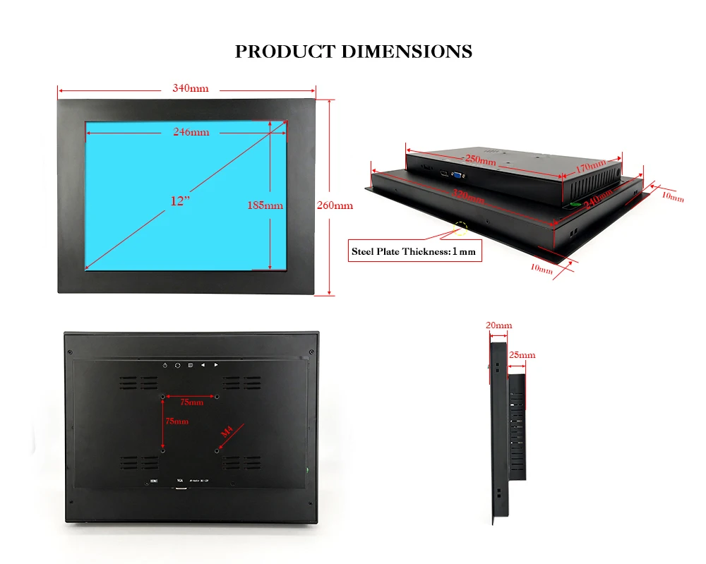 ZQ120TN-DV2/1" дюймов 1024x768 4:3 DVI VGA мощность на загрузке металлический корпус Встроенный Открытый каркас промышленный многофункциональный кабель для монитора экран дисплея