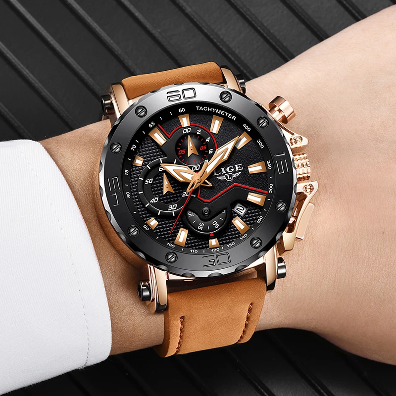 LIGE Mens Watches Top Brand Luxury Quartz Gold Watch Men Casual Leather Military Waterproof Sport W