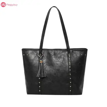 

3 Colors Vintage Fashion Women PU Leather Rivet Clutch Bags Tassel Handbag Shoulder Top-handle Bag Bolsa Feminina Big Tote