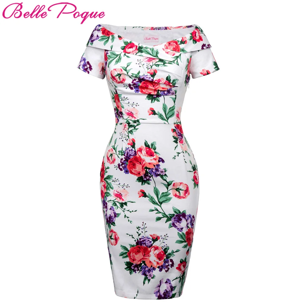 

Belle Poque Summer Women Sexy Party Dresses 2018 Off Shoulder Vintage Floral Work Office Fitted Slim Wiggle Pencil Bodycon Dress