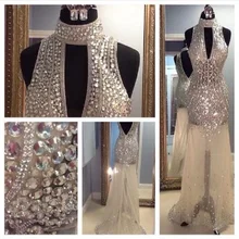 Floor Length Rhinestone Luxury Prom font b Dresses b font 2016 High Neck Tulle Open Back