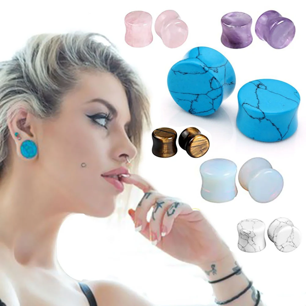 

TIANCIFBYJS Natural Stone 2pcs Ear Stretching Kit Flesh Tunnel Flared Fancy Piercing Body Jewelry Tragus Earring Expander Gauges