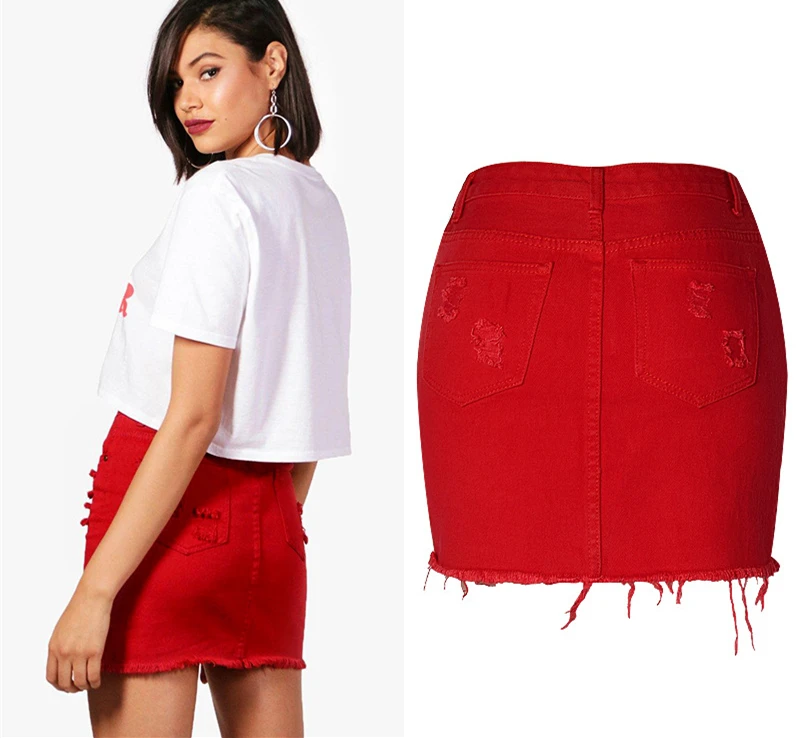 LOGAMI высокая талия джинсовые юбки для женщин s мини джинсовая юбка-карандаш сезон: весна-лето рваные пикантные юбка красный
