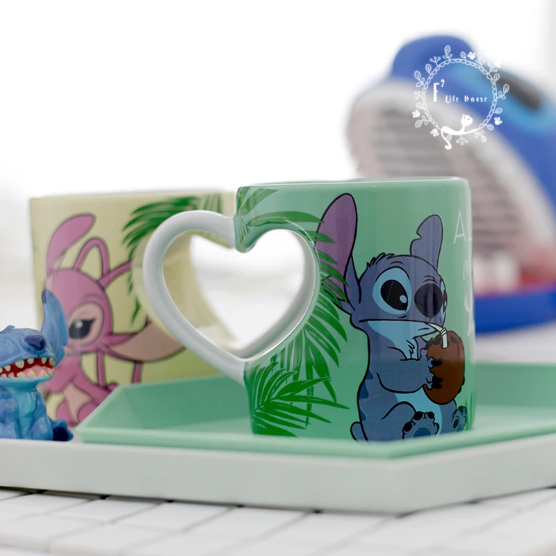 

STITCH Heart-shaped handle cartoon couple mug cup with cute pattern creative cearmic coffee mug cup for special gift