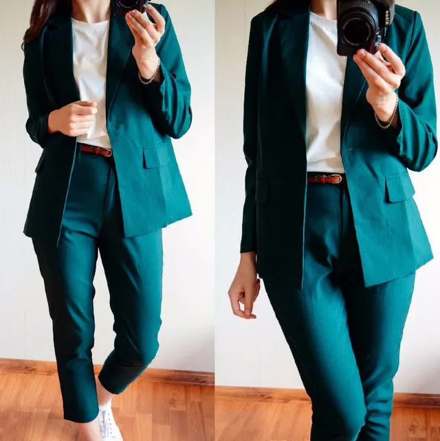 2018 Pure Color Simple Boyfriend Suit Jacket Small Seven Length Pants Clothes Covered Button Elegant Women Suit Femme