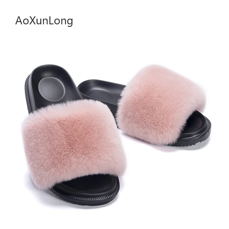 

Women Slippers Spring Summer New Rex ​​Rabbit Hair Slippers Fashion Wild Version Wearing a Word Drag Female Furry Fur Slides
