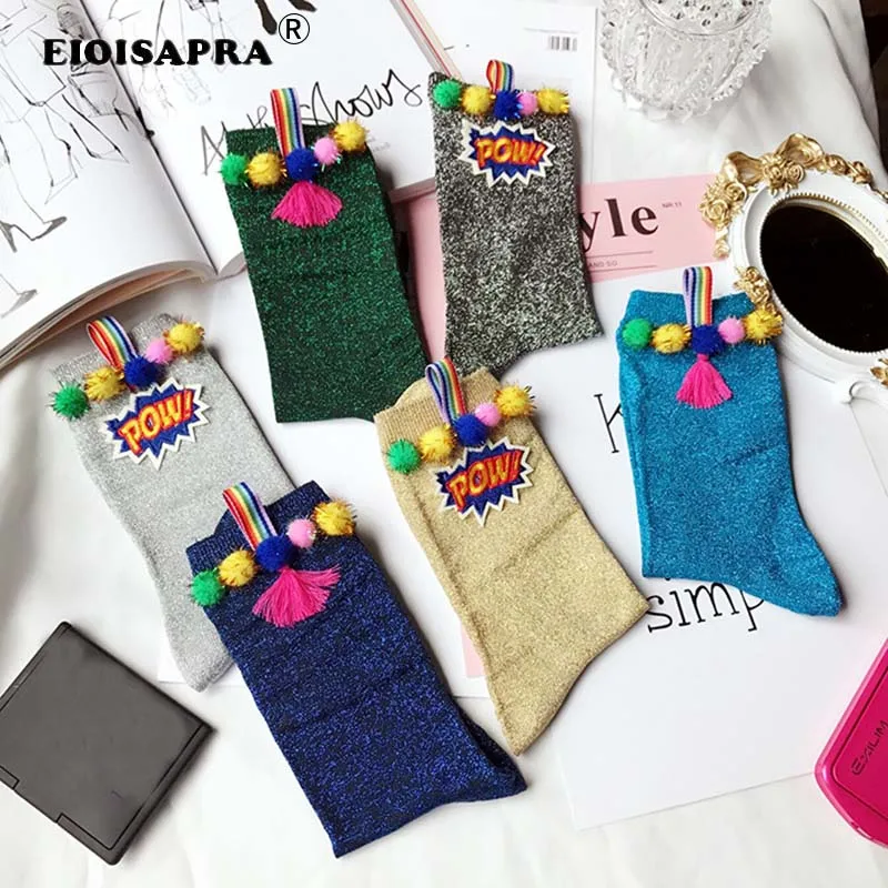 

[EIOISAPRA]POW Korea Style Fives Color Round Ball Personality Gold Silver Onion Silk Metal Embroidery Women Socks