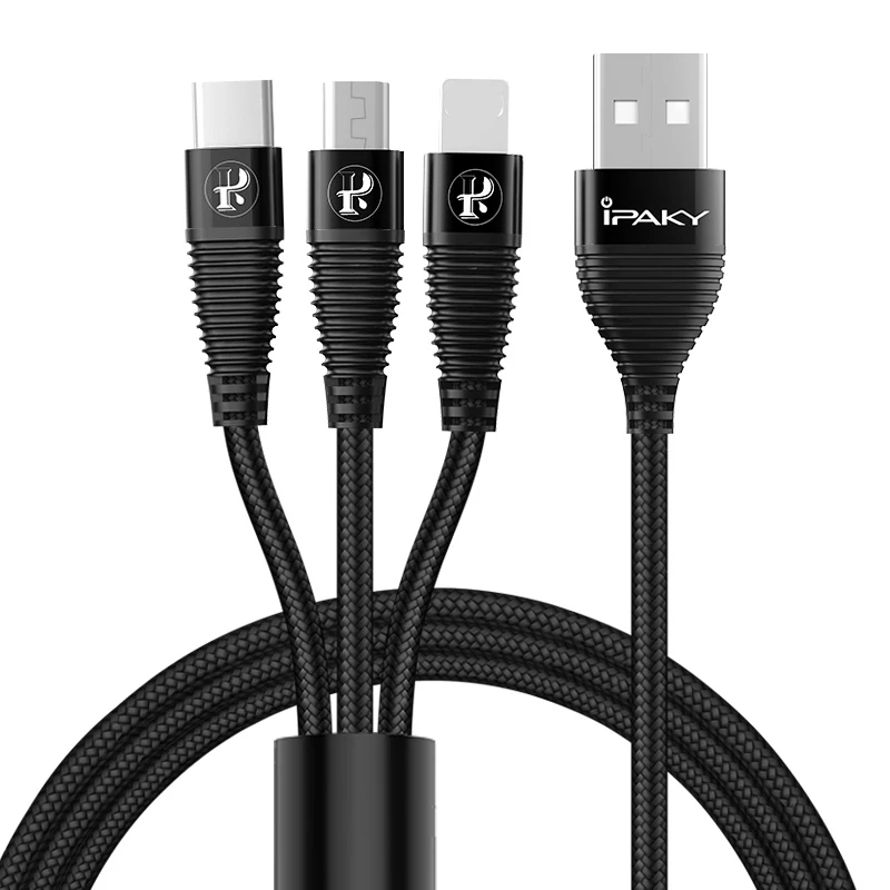IPAKY USB кабель 3 в 1 быстрая зарядка usb-шнур синхронизации данных usb type C кабель для huawei mate 20 P30 для iPhone samsung Xiaomi - Цвет: Black