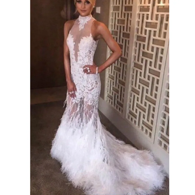 

Long White Evening Dresses Backless Feather Party Dress High Neck Evening Gown Vestido Longo De Festa 2017