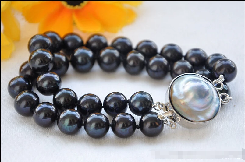 

FREE SHIPPING *****2ROW 8" 12mm ROUND BLACK FRESHWATER PEARL BRACELET MABE