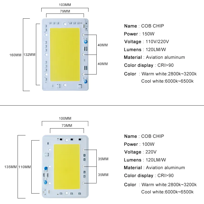Высокомощный светодиодный чип COB 50 Вт, 100 Вт, 150 Вт, светодиодный лампочка 220 В, 110 В, водонепроницаемый IP65 светильник, микросхема Smart IC для DIY, точечный светильник, прожектор, светильник