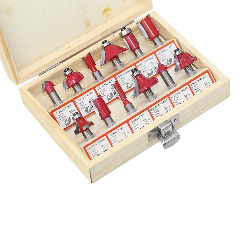 12PCS 8mm Shank Tungsten Carbide Router Bit Set Wood Woodworking Cutter Trimming Knife Forming Milling w/ Wood Case box