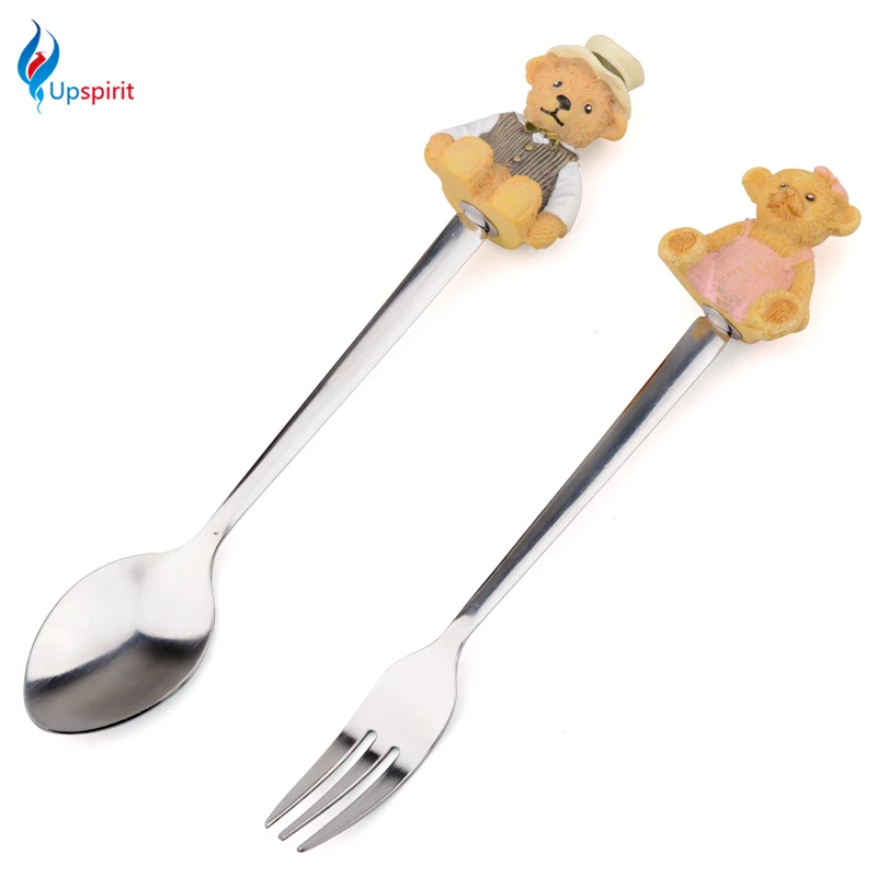 2Pcs Cute Stainless Steel Coffee Teaspoons Forks Dinneware Set Cartoon Handle Decor Cake Dessert Fork Kids