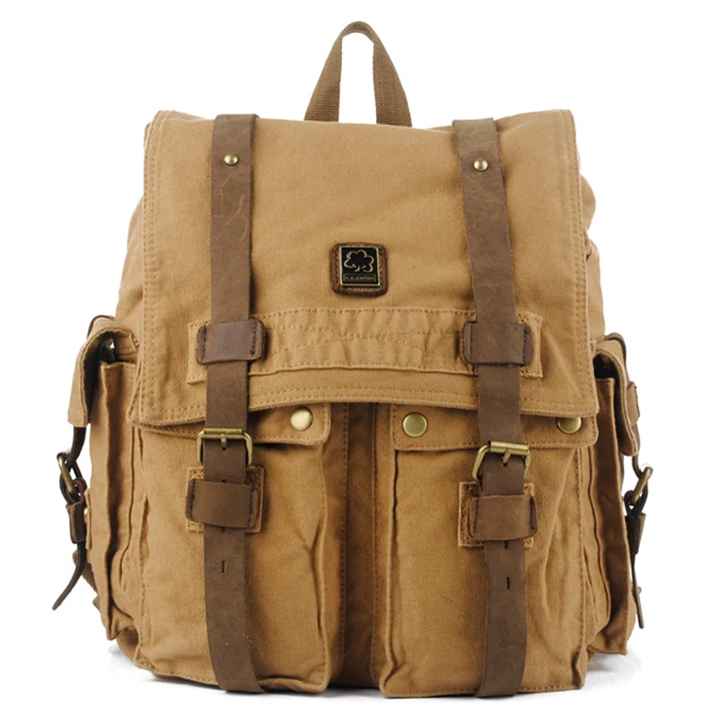 Мужской кожаный рюкзак Crazy horse военный + холщовый рюкзак|backpack leather|men backpack leathermilitary