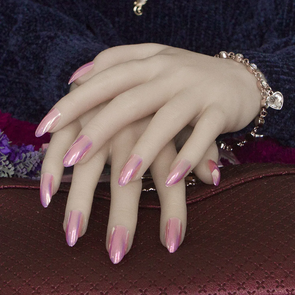 

24pcs/set Stiletto nails full cover Sharp Ending Fake Nails Metal Mirror Effect Fake Nails French False Nails Tips