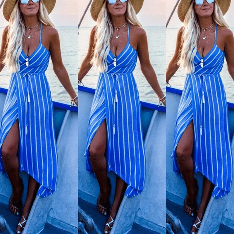 

Elegant Striped Print Backless Spaghetti Strap Dress Deep V Neck Asymmetry Beach Sleeveless Empire Sashes Dress Women Clothes