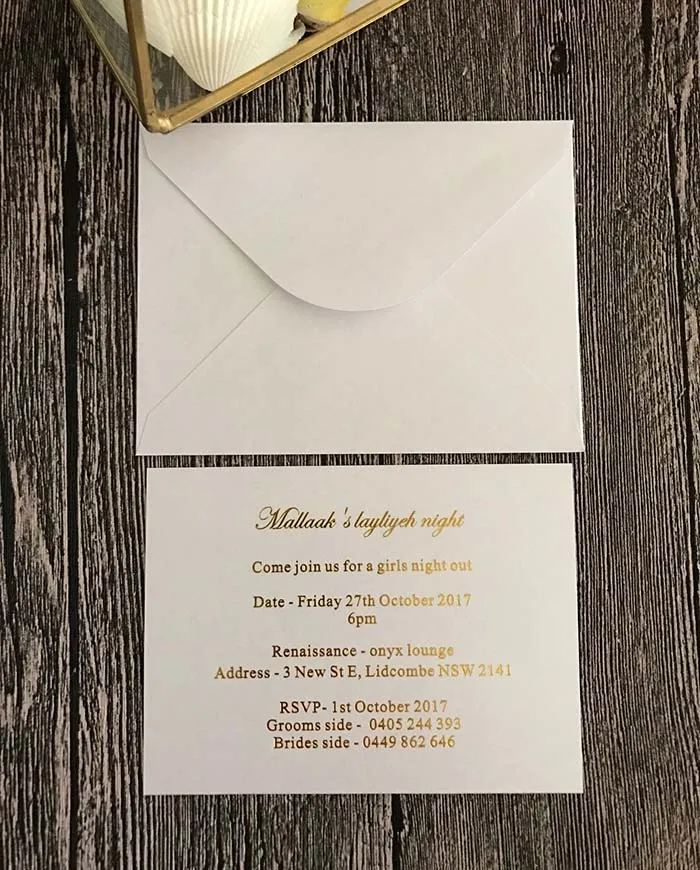 

Simple Flat Card Gold Foil Wedding Invitations with White Envelope