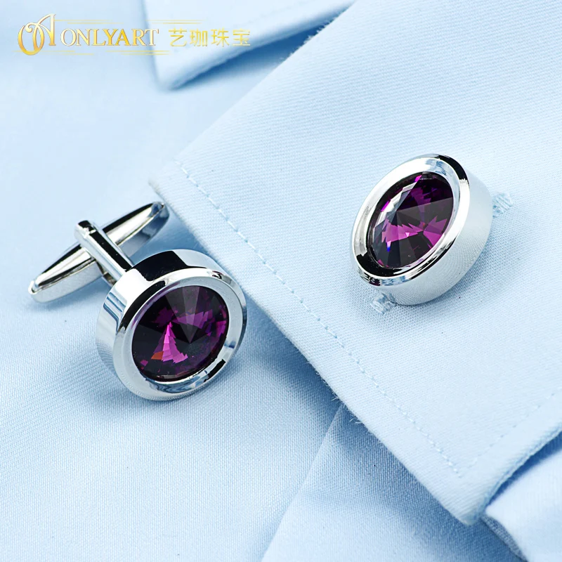OnlyArt Dark Purple Crystal Cufflink Men's Round Cufflinks Silver Color Fashion Button For Shirts