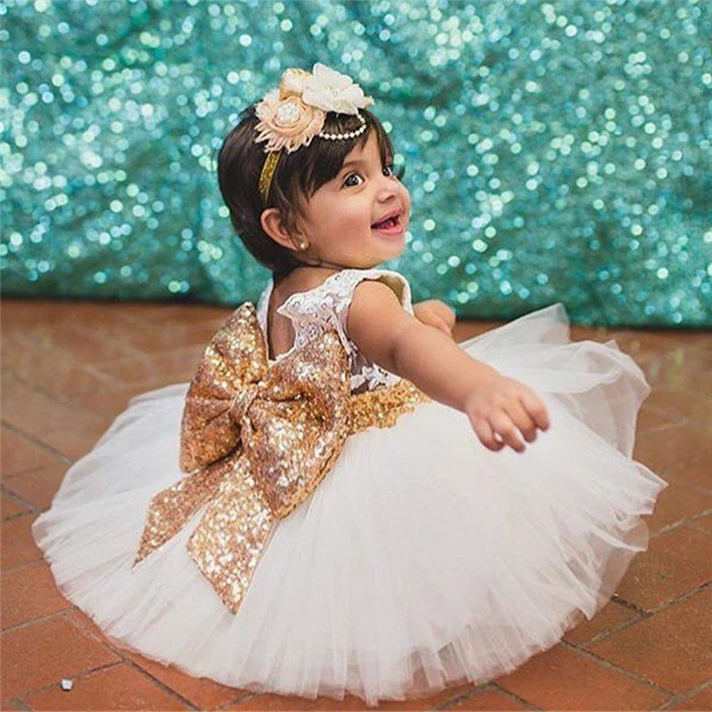 Vestido de princesa sin espalda con lazo dorado niñas, de bautizo para bebé, 1 año de cumpleaños, vestidos infantiles de princesa para niña|Vestidos| - AliExpress