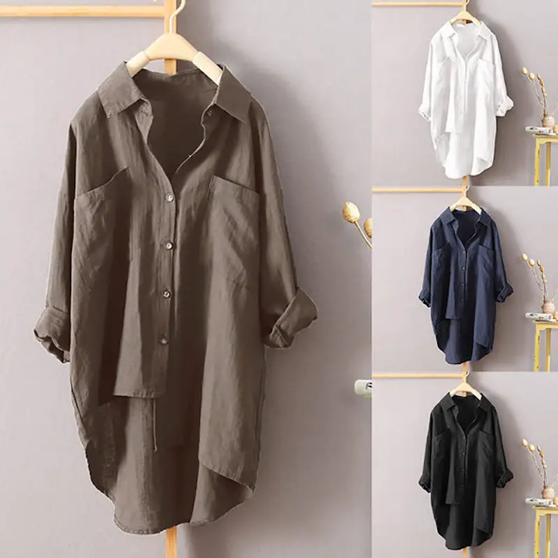 

2019 LFFMHMT Spring Autumn New Women Cotton Linen Solid Color Office Lady Long Sleeve Casual Ulzzang Chic Shirts With Pockets