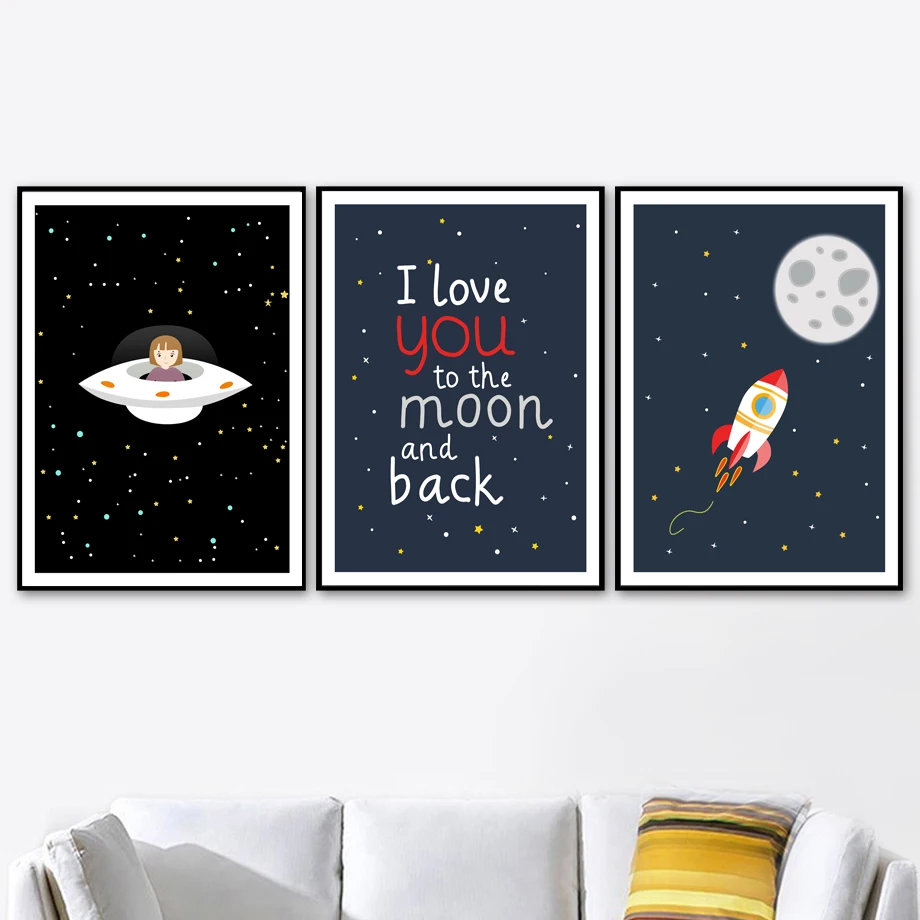 

Rocket Moon UFO Explore Wall Art Print Canvas Painting Nordic Poster Cartoon Wall Pictures Kids Bedroom Baby Girl Room Decor