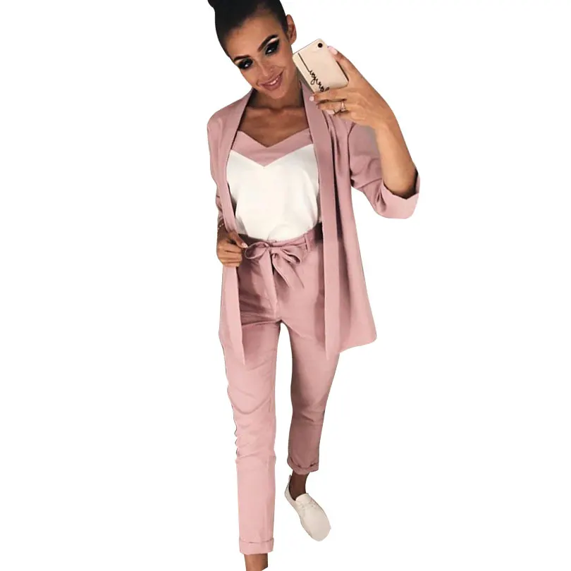 MVGIRLRU Women V Neck 3 Piece Suit Lace Up Waisted Slim Bracelet Sleeve Blazer with Strap Vest & Trouser Set Female Pant Suits