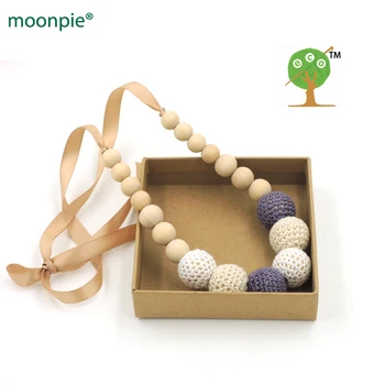 

Fade Grey cream white crochet teething necklace,wood beads baby toy baby teether necklace NW1706