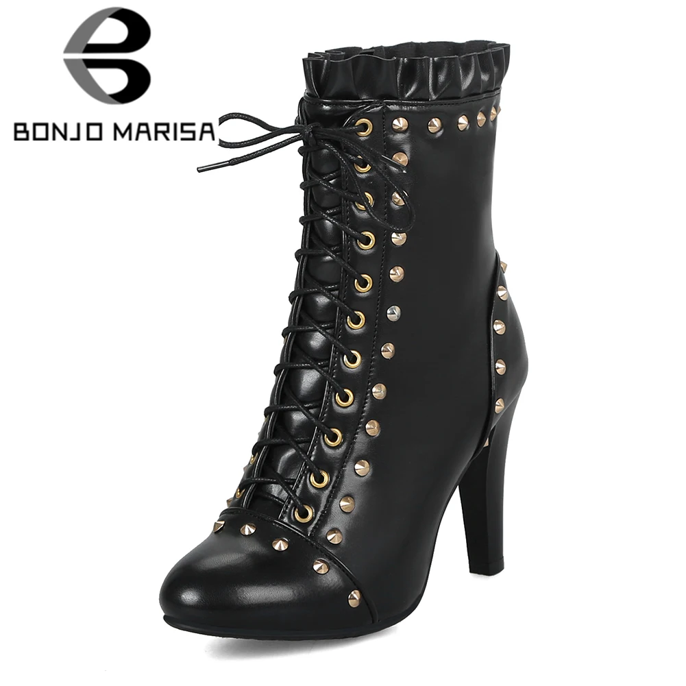 

BONJOMARISA Plus Size 34-48 Autumn Winter New Brand Rivet Ankle Boots Women Ruffles lace-up High Spike Heels Shoes Woman