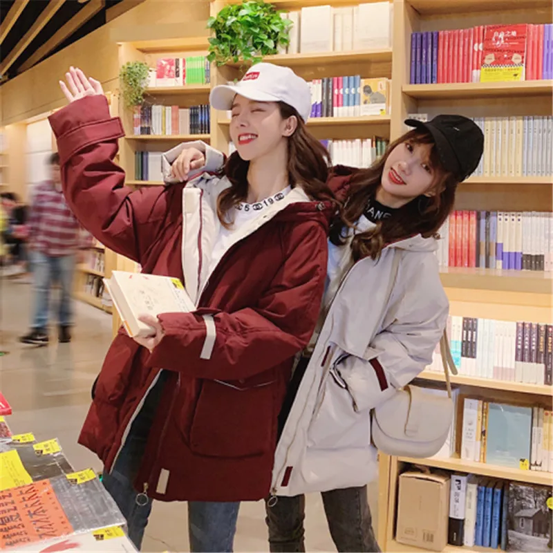 Новая Корейская женская зимняя куртка на молнии с капюшоном теплая хлопковая женская зимняя куртка Верхняя одежда парки для женщин зимняя хлопковая стеганая