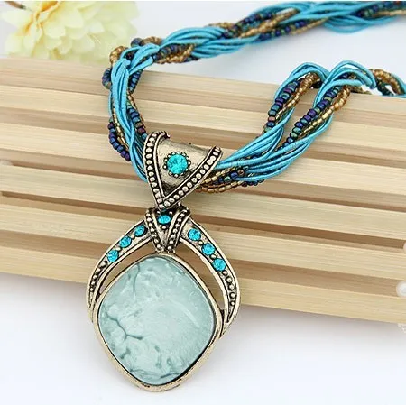 

F&U New Bohemian Pendant Necklace Vintage Rhombus Stone Pendant Bohemia Style Multilayer Chain Handmade Retro Necklace