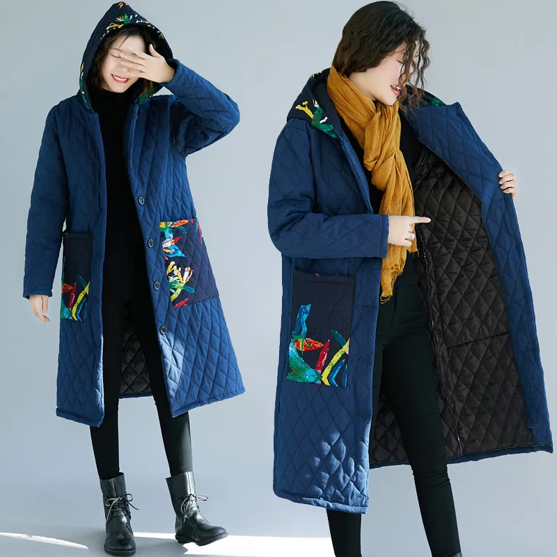 Новые осенние зимние женские куртки пальто с капюшоном Ретро принтованные карманные парки Свободного Покроя Верхняя одежда размера плюс зимние пальто X256 - Цвет: blue
