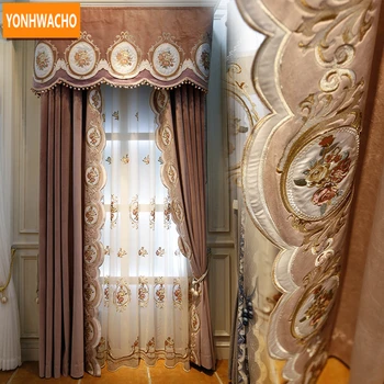 

Custom curtains European luxury flannel stitching embroidered pink soundproof cloth blackout curtain tulle valance drapes N894