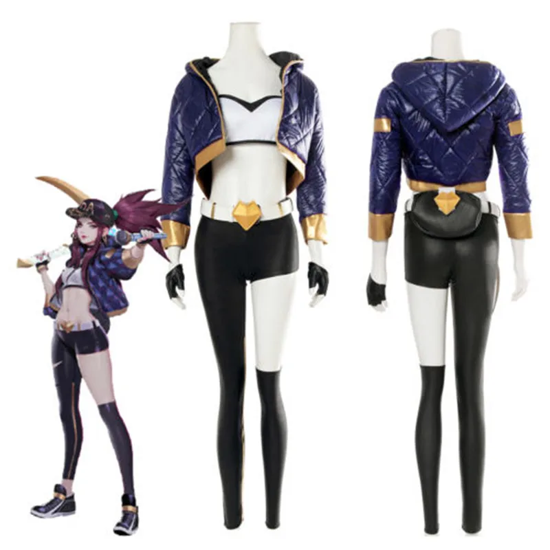 LOL KDA Akali Outfit Cosplay Costume Pop Star Coat Cap Pants Belt Glove Full Set