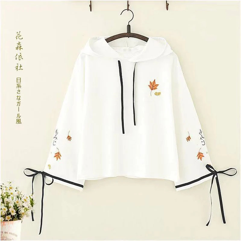  Mori girl Japanese Autumn Sweatshirt New embroidery cherry bow flare sleeves hooded women bts short