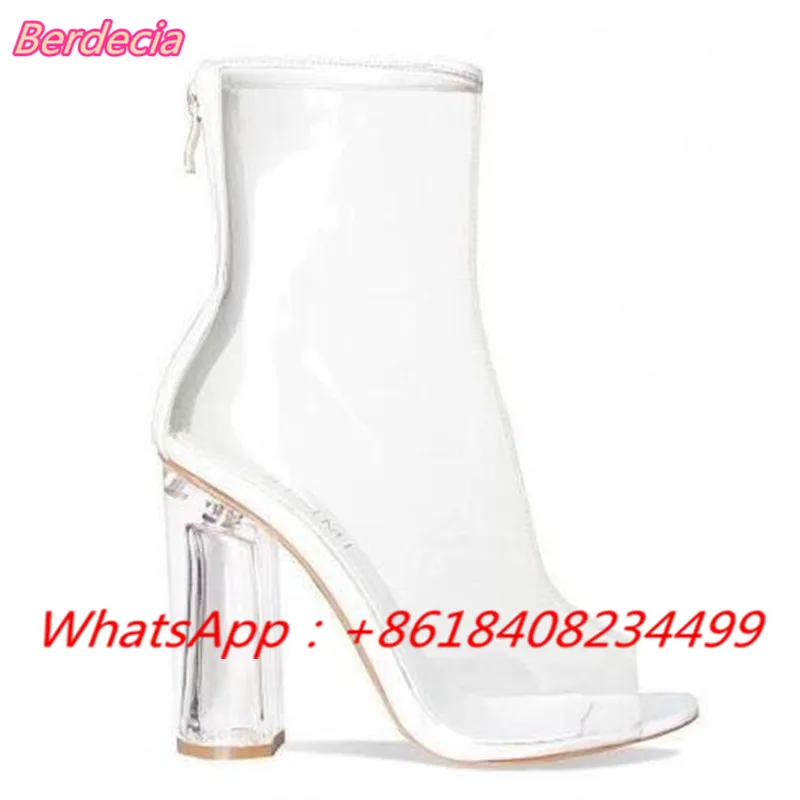 Chunky Heels Women Clear PVC Ankle Boots Women Peep\Pointed Toe Transparent Short Boots Sexy Kim Kardashian High Heel Shoe Woman