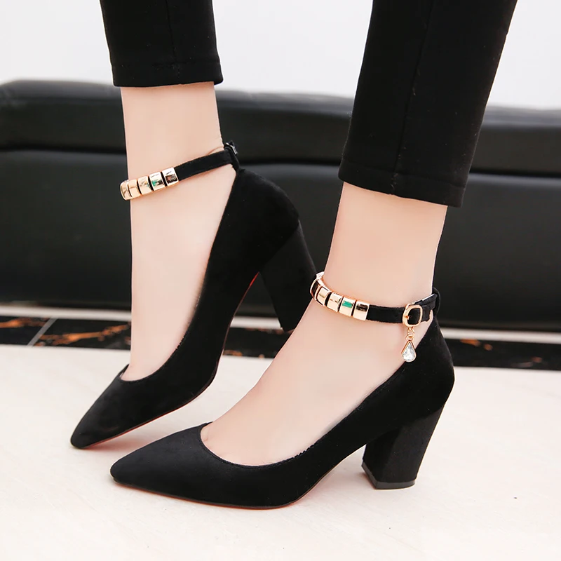 S067 Mujeres Hebilla Primavera Correa Altos Tobillo Tacones Faux Vestido amarillo 2017 Bombas verde Negro Seude Zapatos Metal Mujer rosado Fwq4xcOH6