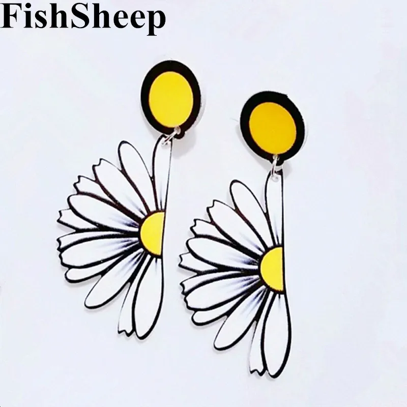 

FishSheep New Fashion Big Acrylic Flower Earrings For Women Plastic Daisy Flowers Long Stud Earring Female Jewelry Brincos