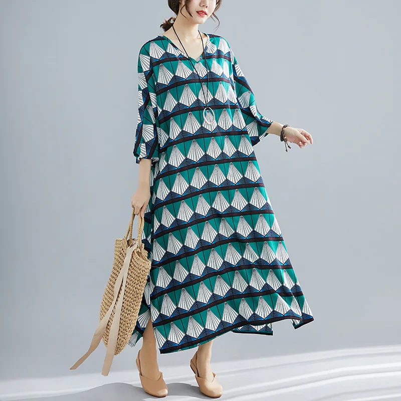 

Johnature Vintage Simple V-neck Summer Women Dress 2019 New Korean Style Printed Loose Comfortable Ankle-length Casual Dresses