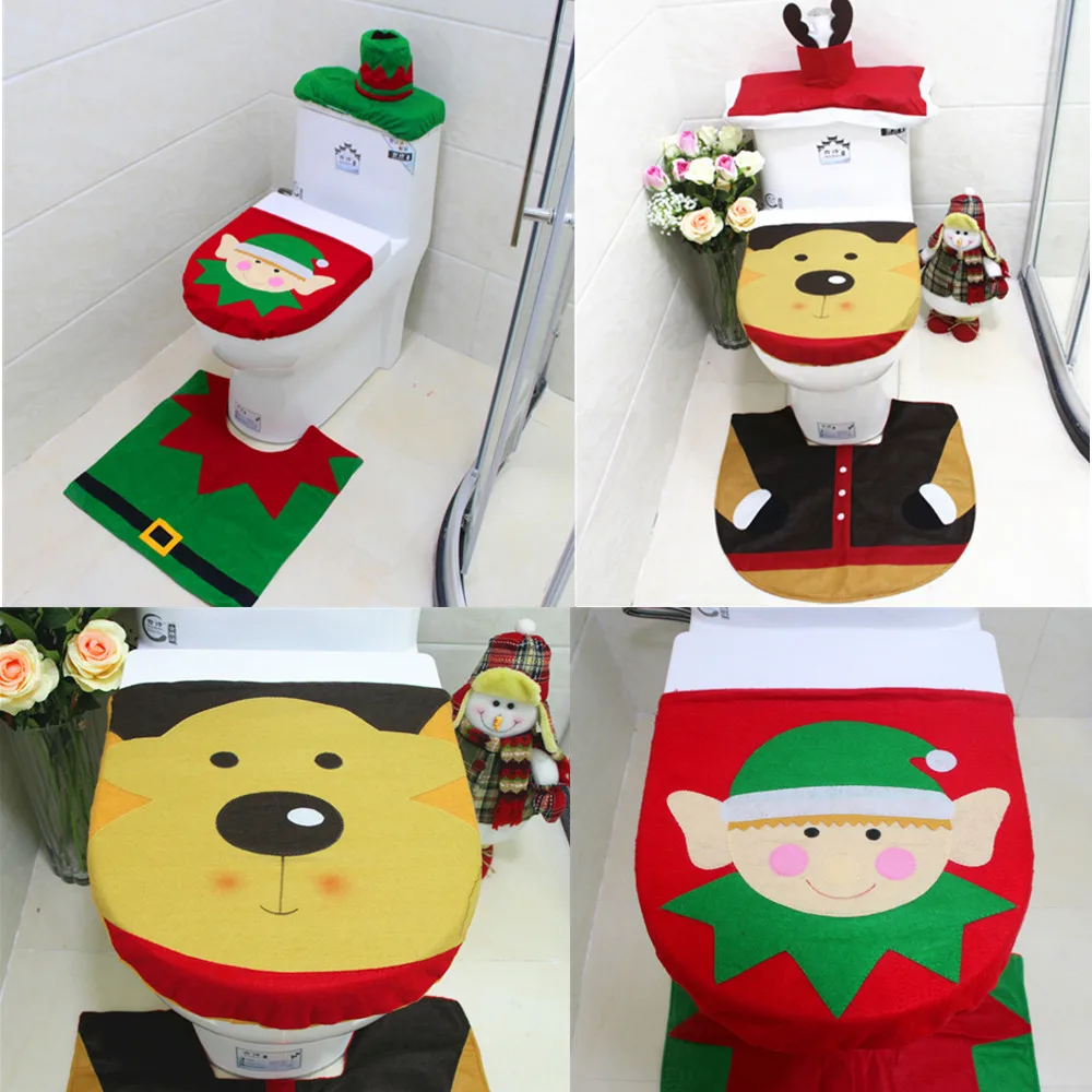 

2019 Hot Fancy Santa Toilet Seat Cover and Rug Bathroom Set Contour Rug Christmas Elk Elf Decorations Natal Navidad Decoracion