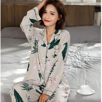 

Fashion 2019 Summer Cotton Women Pajamas Set Lily Floral Leaf Sleepwear For Women Long Sleeve Plus Size 3XL Casual Tracksuit