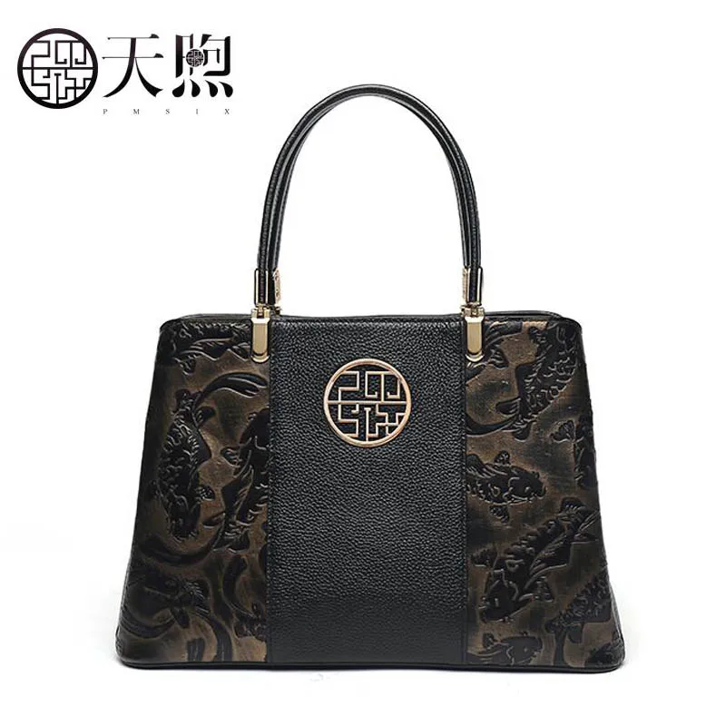 

Pmsix 2019 New women Genuine Leather bags famous brand women Leather handbags fashion Embossing tote women leather Shoulder bag