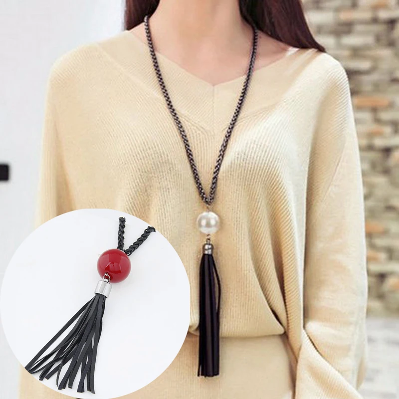 

Fashion Black Tassel Pendant Sweater Chain Long Beads Necklace For Women Girls Free Shipping