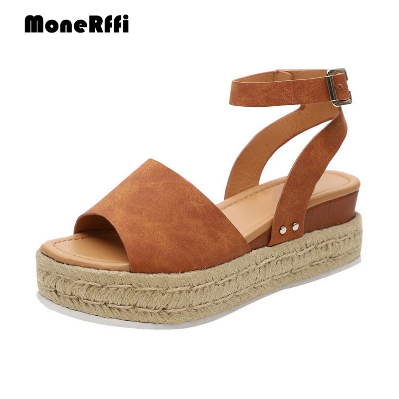 

MoneRffi Summer Women Platform Sandals Buckle Strap Gladiator Casual Open Toe Wedge Ankle Pumps Straw Thick Fish Mouth Shoes New