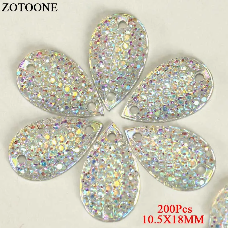 

ZOTOONE 200Pcs 10.5x18mm Clear Crystal AB Resin Flatback Sew On Rhinestone Teardrop 2 holes Sew-On Rhinestones For Casual Dress