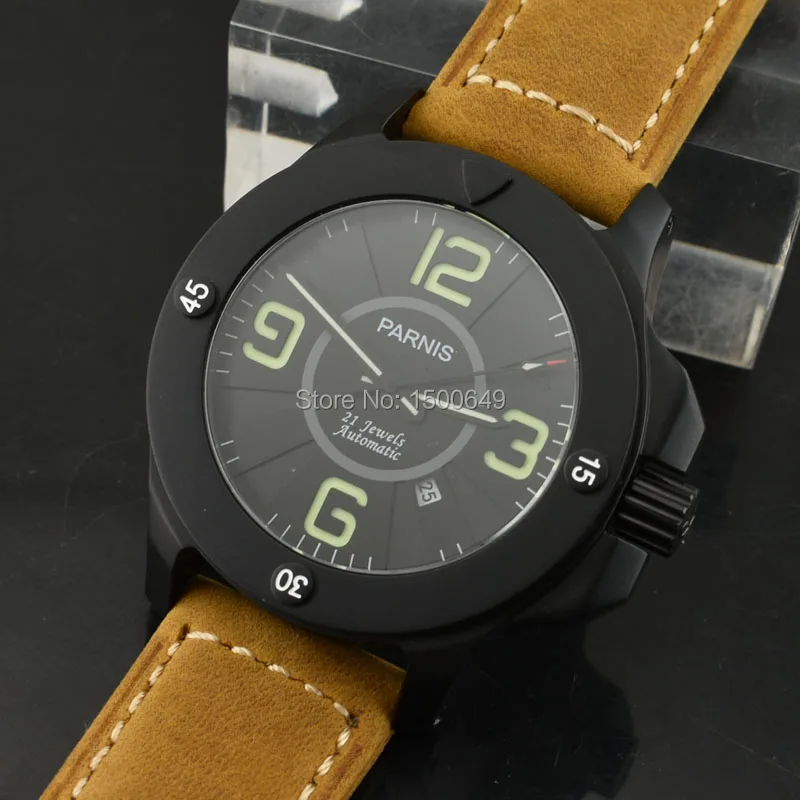 

Parnis 47mm Sapphire Glass Green luminous dial MIYOTA Automatic mechanical Buckle brown leather strap men Watch 1266