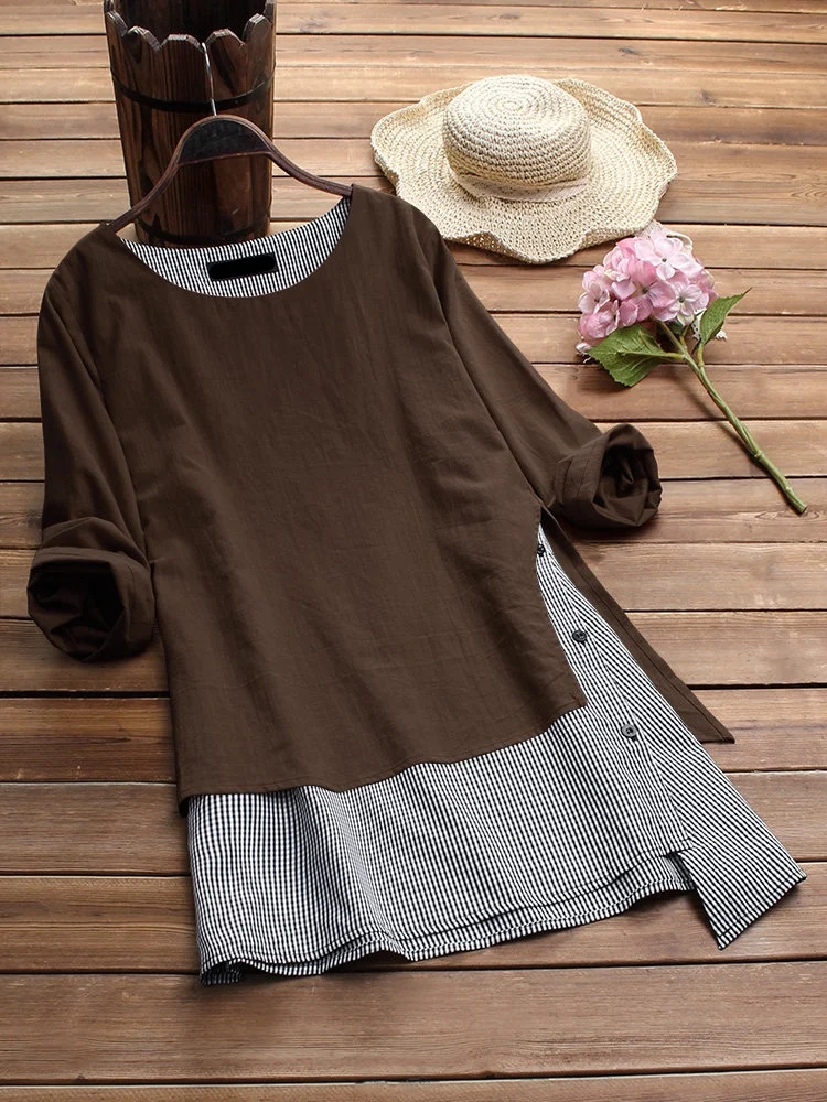 Плюс размеры для женщин льняная блузка Весна повседневное Лоскутная Туника Топы корректирующие женский Check Femme Асимметричный Blusas - Цвет: Коричневый