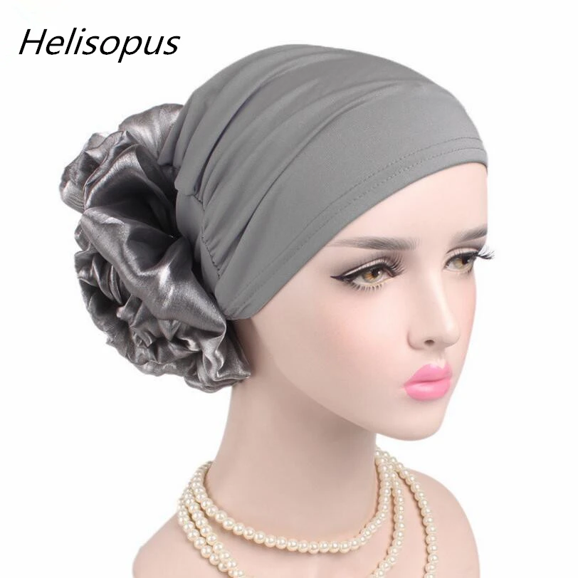 

New Woman Big Flower Turban Hair Accessories Elastic Cloth Hair Bands Hat Chemo Beanie Ladies Muslim Scarf Cap for Hair Loss