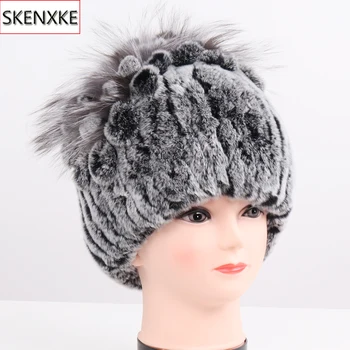 

Knitted Good Elastic 100% Natural Fur Beanies Hats Women Winter Warm Real Rex Rabbit Fur Caps Russsian Fluffy Genuine Fur Hat